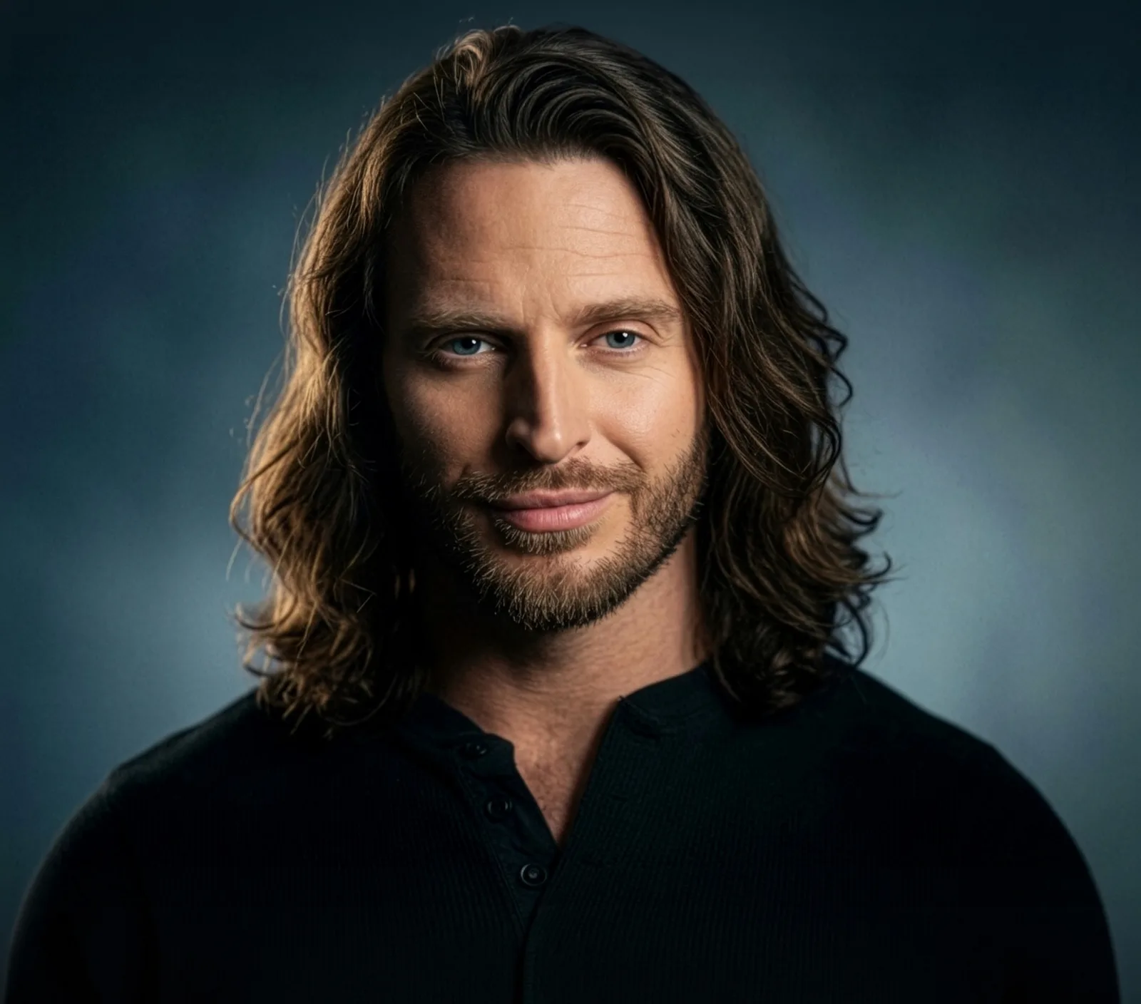 Russell Snipes, theatrical headshot: long hair, black henley